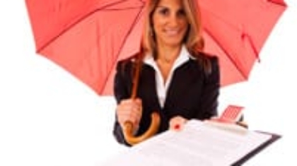 Businesswoman in a suit holding an open red umbrella and presenting a document on a clipboard