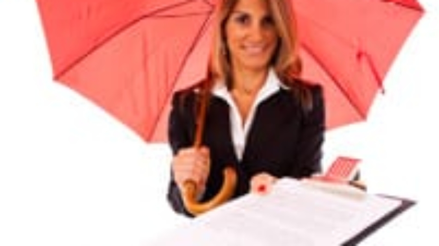 Businesswoman in a suit holding an open red umbrella and presenting a document on a clipboard