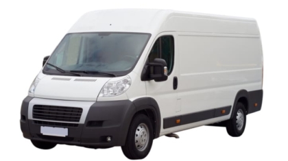 White commercial non-emergency medical transport cargo van isolated against a plain background