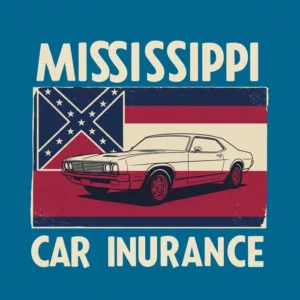 Vintage-style graphic featuring a classic car overlaid on the Mississippi flag with bold text reading 'Mississippi Car Insurance.
