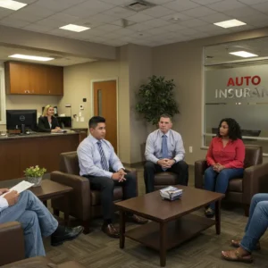 Auto Insurance Birmingham AL — Complete Coverage and Services for Local Drivers Group of diverse professionals having a discussion in an auto insurance office lobby, with a receptionist working at the front desk and visible branding for auto insurance services on the glass wall.