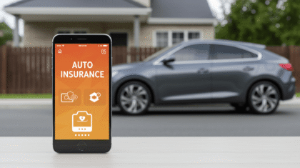 Smartphone displaying Auto Insurance app in front of a modern parked car – representing digital car insurance tools and coverage options