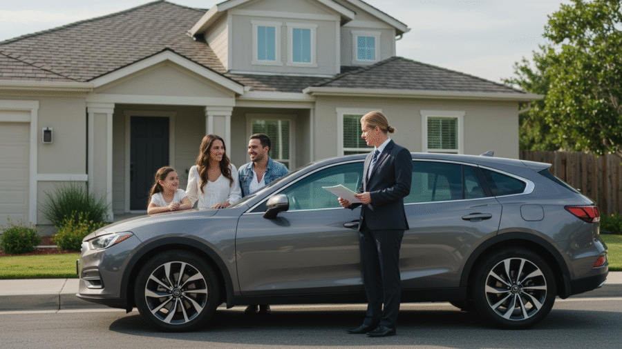 Friendly insurance agent handing documents to a smiling family next to a parked car in front of a suburban home, representing trusted car insurance services.