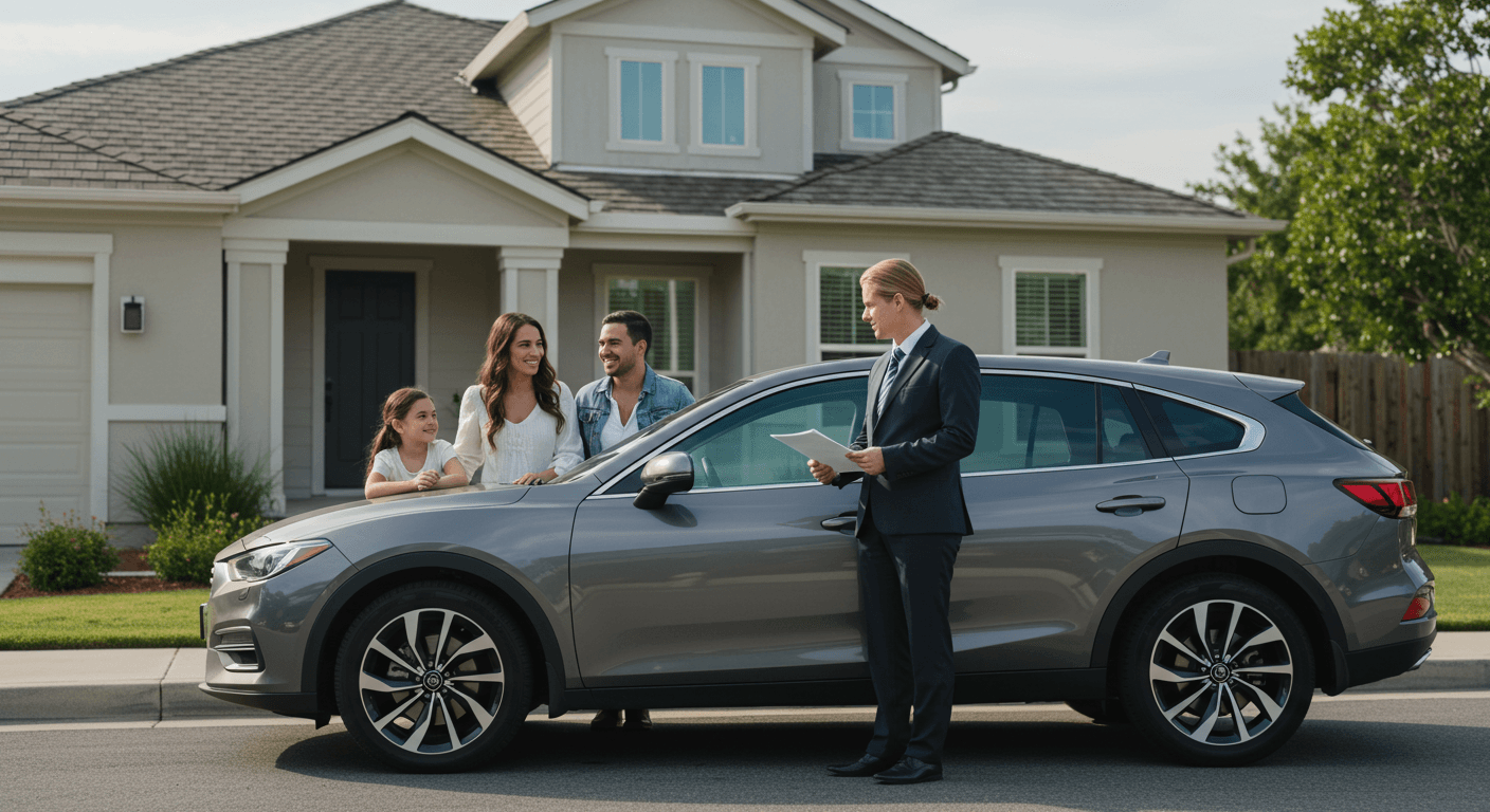 Friendly insurance agent handing documents to a smiling family next to a parked car in front of a suburban home, representing trusted car insurance services.