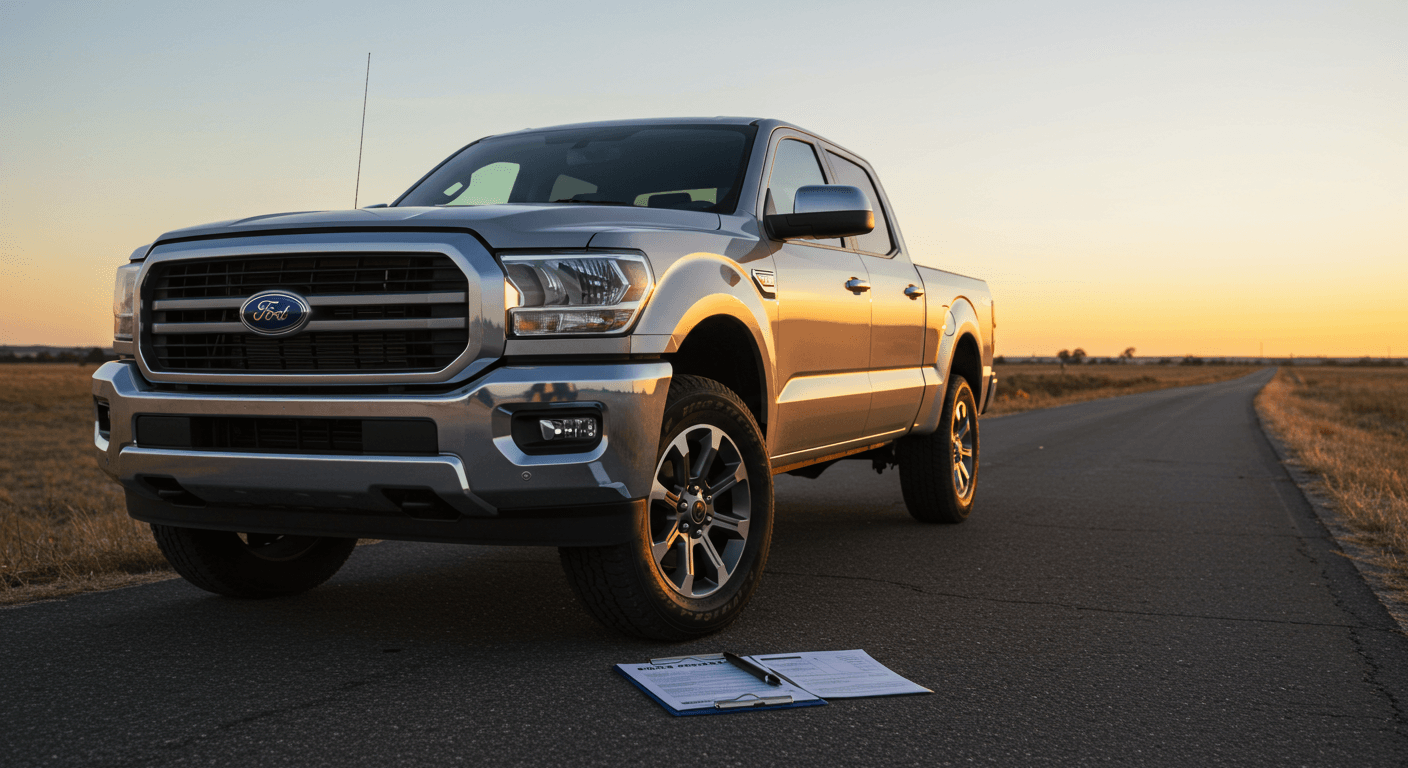 Pickup truck parked on a rural road with insurance documents on the hood at sunset