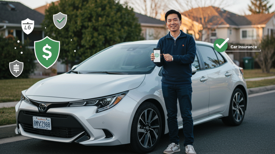 Smiling driver standing next to a compact car while checking car insurance quotes on a smartphone, in a suburban neighborhood. Symbols of savings, protection, and affordability are subtly visible.