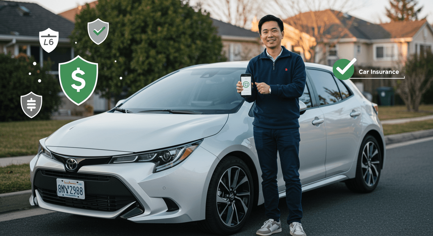 Smiling driver standing next to a compact car while checking car insurance quotes on a smartphone, in a suburban neighborhood. Symbols of savings, protection, and affordability are subtly visible.