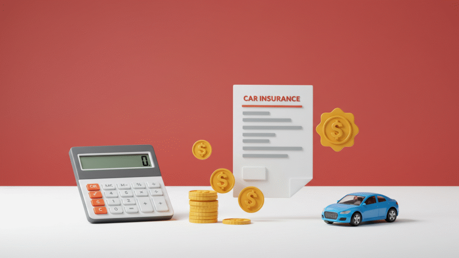 Simple car insurance calculator concept with toy car, calculator, and insurance paperwork on a plain background