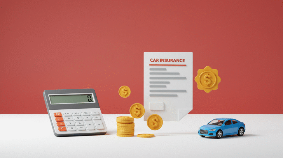 Simple car insurance calculator concept with toy car, calculator, and insurance paperwork on a plain background
