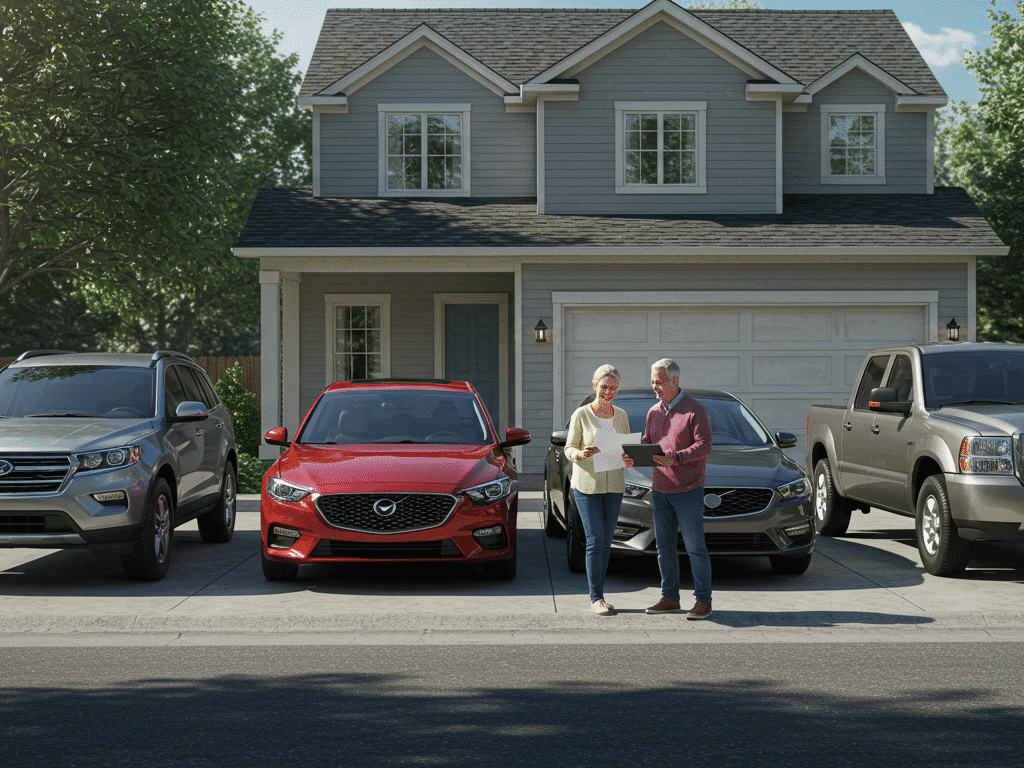 Cheapest Multi-Car Insurance in 2026: How to Save More When You Insure More Family reviewing multi-car insurance quotes outside their home with multiple cars parked in the driveway, representing bundling savings.