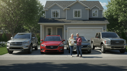 Family reviewing multi-car insurance quotes outside their home with multiple cars parked in the driveway, representing bundling savings.