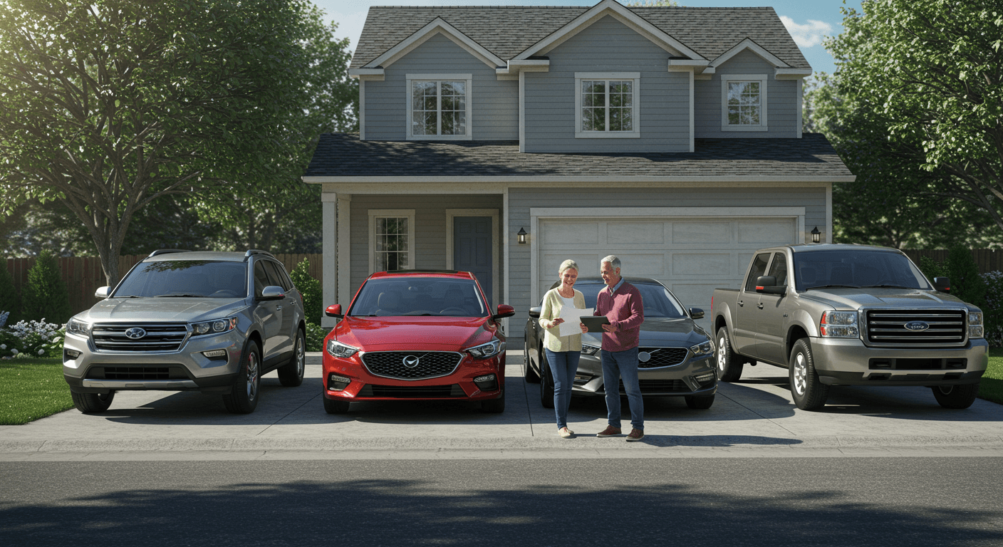 Family reviewing multi-car insurance quotes outside their home with multiple cars parked in the driveway, representing bundling savings.