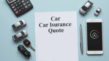 Flat lay of a car insurance quote document with toy cars, keys, calculator, smartphone, and pen arranged neatly on a light blue desk surface.