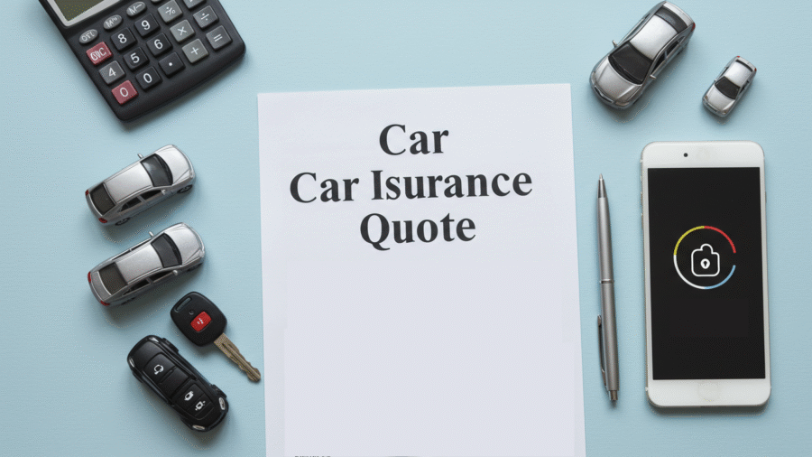 Flat lay of a car insurance quote document with toy cars, keys, calculator, smartphone, and pen arranged neatly on a light blue desk surface.