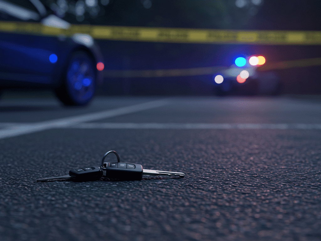 Worried driver standing in an empty parking spot after their car was stolen without insurance