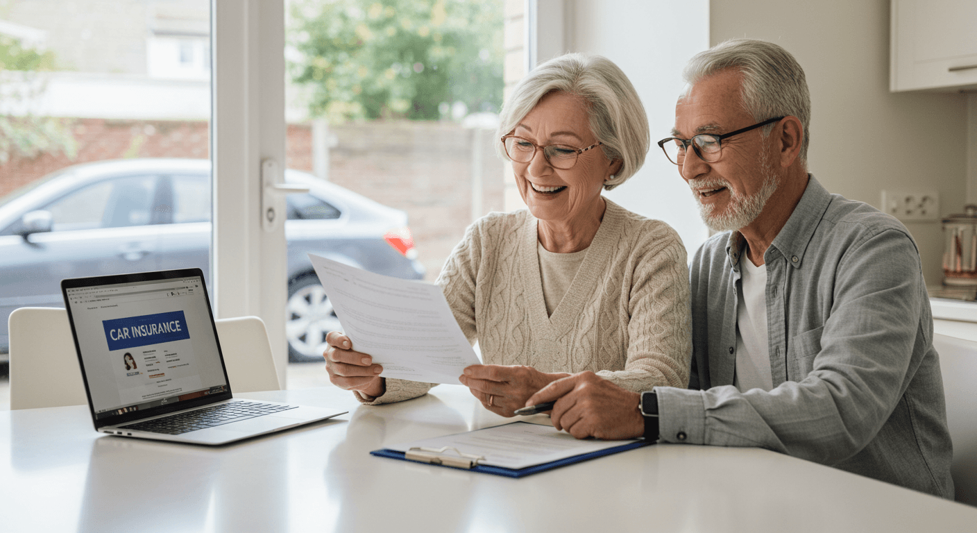Elderly couple in their late 60s reviewing car insurance documents at a kitchen table with a laptop, appearing relaxed and confident, with daylight coming through the window and a car visible outside.