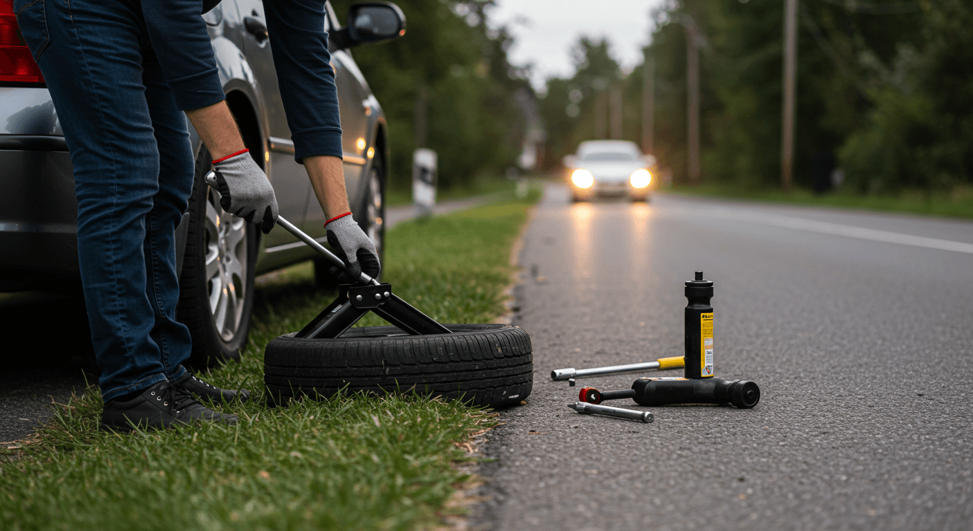 Driver safely changing a flat tire on a suburban roadside using a jack and wrench, demonstrating how to change a flat tire.