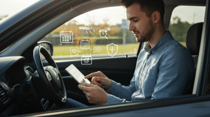 Driver comparing one-week car insurance options on a tablet inside a parked vehicle