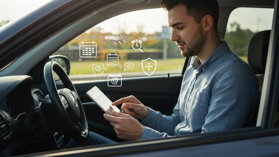 Driver comparing one-week car insurance options on a tablet inside a parked vehicle
