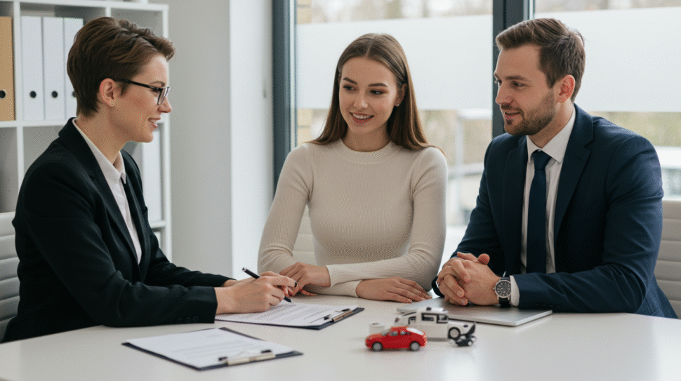 Insurance agent discussing car insurance options with a young couple in a bright, professional office setting.
