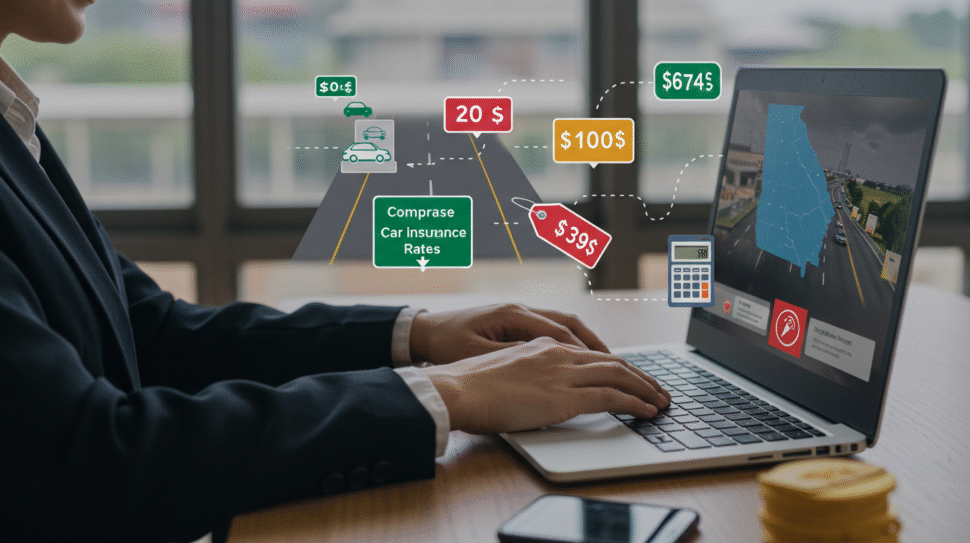 Illustration of a driver comparing Georgia car insurance rates using an online calculator