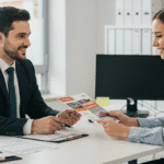Insurance agent explaining auto insurance options to a customer in a modern office environment