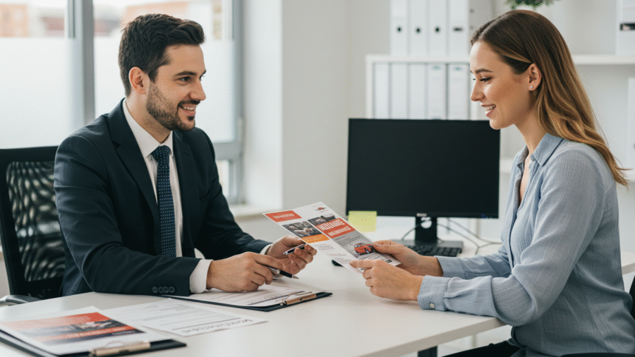 Insurance agent explaining auto insurance options to a customer in a modern office environment