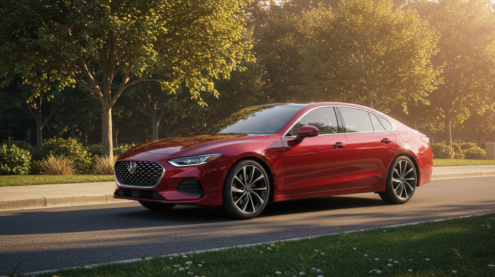Red car parked outside a State Farm insurance office under a clear blue sky