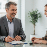Insurance agent reviewing Travelers auto insurance coverage with a customer in a modern office