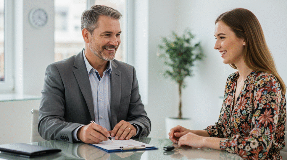 Insurance agent reviewing Travelers auto insurance coverage with a customer in a modern office