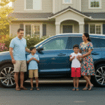 family smiling next to their car after getting USAA auto insurance