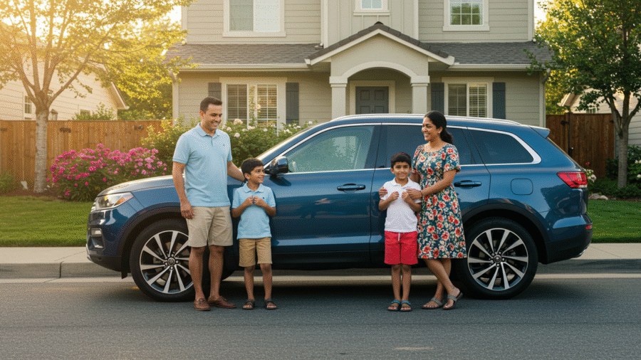 family smiling next to their car after getting USAA auto insurance