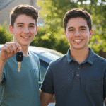 16-year-old teen with parent holding car keys beside first car, representing affordable car insurance options for new drivers