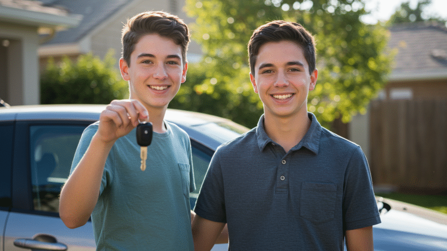 16-year-old teen with parent holding car keys beside first car, representing affordable car insurance options for new drivers