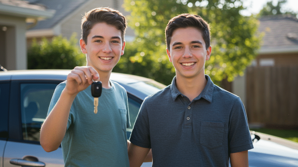 16-year-old teen with parent holding car keys beside first car, representing affordable car insurance options for new drivers