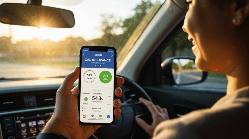 Driver using a car insurance mobile app to track driving behavior and manage their GEICO policy in 2025.