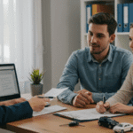 Insurance agent helping a couple review Progressive auto insurance options at Budget Insurance Agency