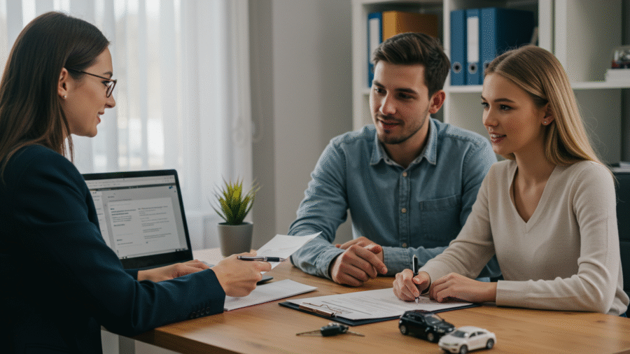 Insurance agent helping a couple review Progressive auto insurance options at Budget Insurance Agency