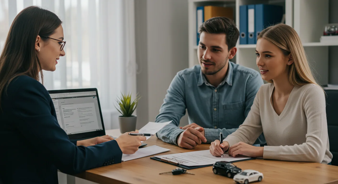 Insurance agent helping a couple review Progressive auto insurance options at Budget Insurance Agency