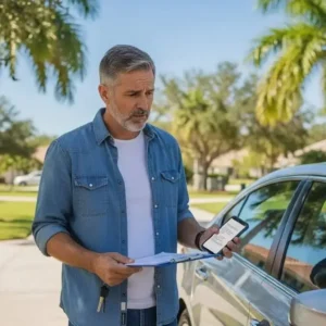 Why Is Car Insurance So Expensive in Florida? A concerned Florida driver looking at a high car insurance bill next to their vehicle in a suburban neighborhood with palm trees