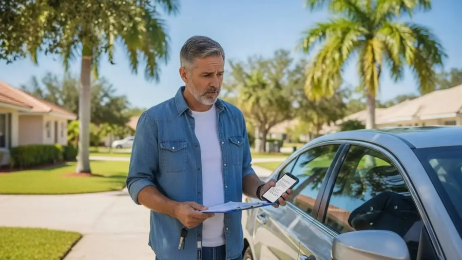 A concerned Florida driver looking at a high car insurance bill next to their vehicle in a suburban neighborhood with palm trees
